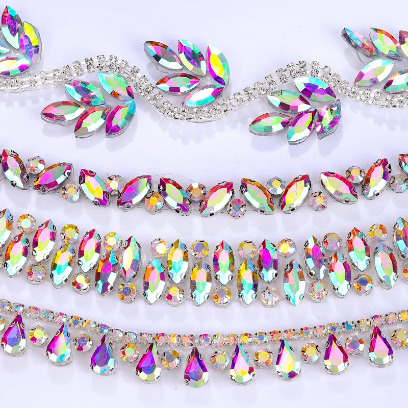 QIAO adorno de diamantes de imitación cristal AB cinta de fijación en caliente malla brillante apliques de diamantes de imitación embellecedor para vestido decoración de boda artesanía DIY