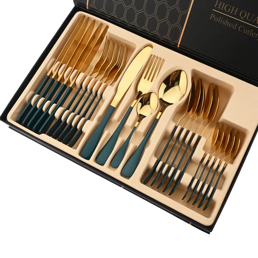 Christmas 24Pcs Rose Gold Dinnerware Cutlery Set Stainless Steel Dinner Flatware Knife Fork Spoon Luxury Tableware Gift Box