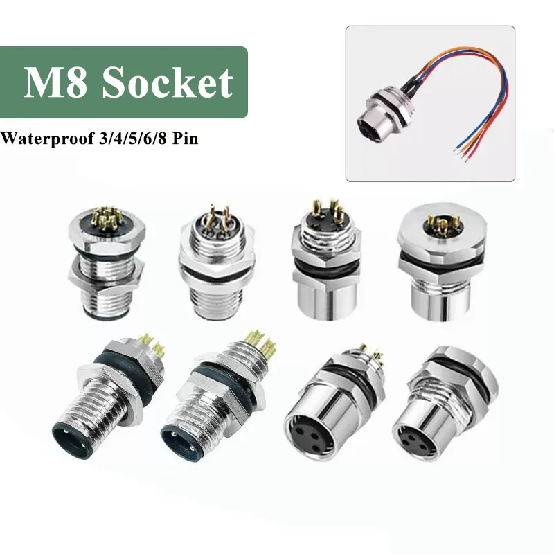 M8 Sensor Soldering Flange Socket Cable 3Pin 4Pin Panel Connector Wire Waterproof 5/6/8Pin Panel Front /Rear Male Female Seat