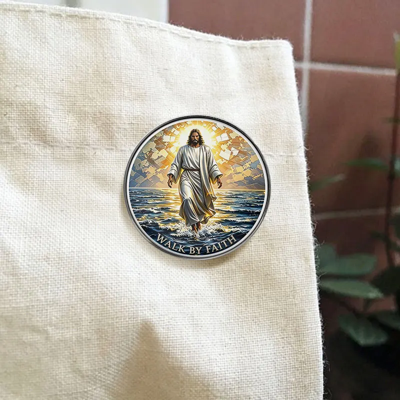 Christian Jesus Walking on Water UV Printing Pin Faith Religious Brooch Golden Halo Ocean Scene Lapel Badge Gift For Believers