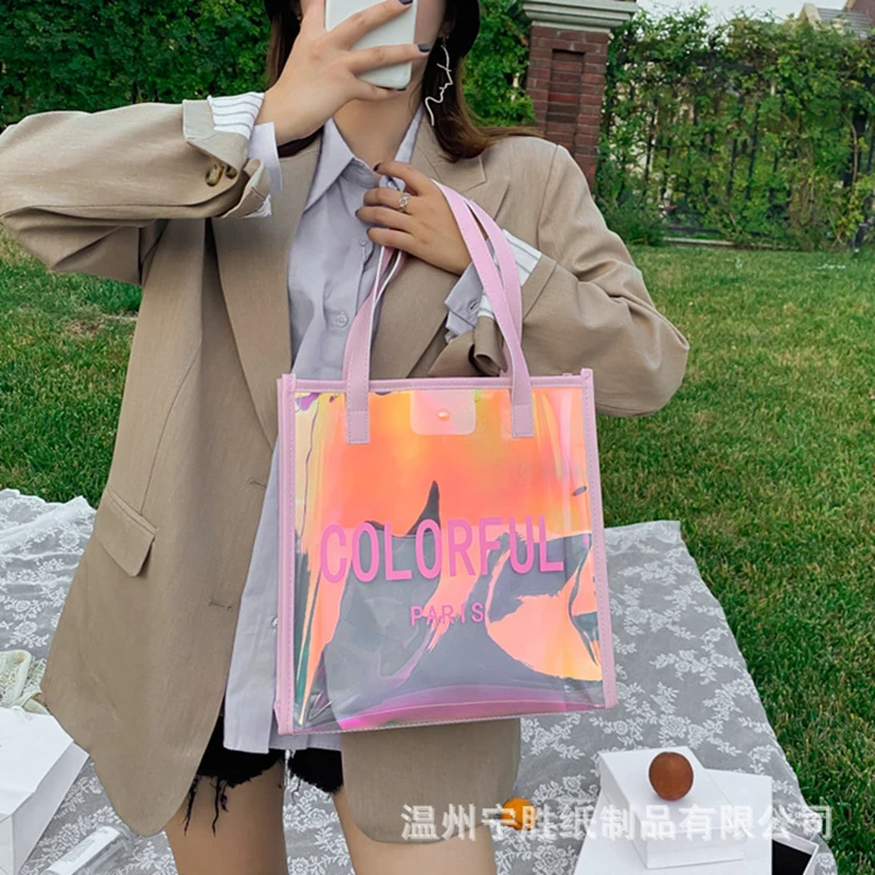 PVC laser trendy transparent waterproof handbag shopping bag Women\'s colorful ins crossbody bags Can be used for tourism travel