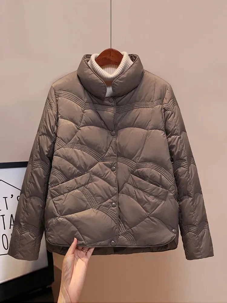 Chaqueta de plumón de pato ultraligera para mujer, abrigo cálido de una sola botonadura, Parka de otoño e invierno, 90%