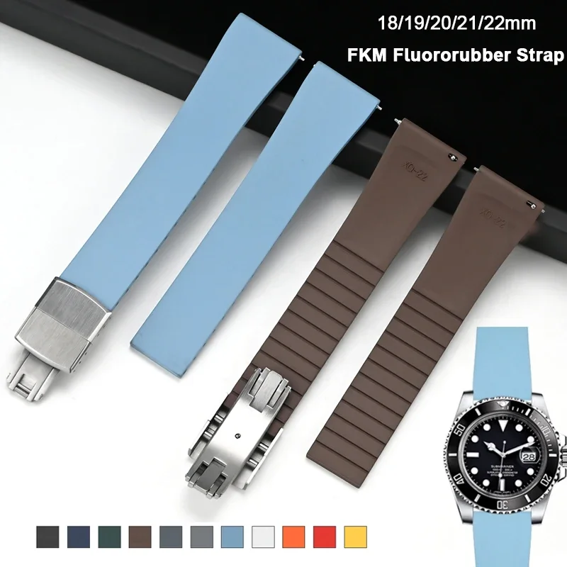 18mm 19mm 20mm 21mm 22mm FKM Fluoro Rubber Watch Band Quick Release Universal Folding Buckle Strap Bracelet for Cut To Size