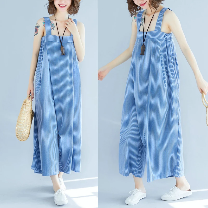 

Artistic Loose Casual Striped Large Size Bal One-Piece Pants Nine Points Wide Leg Strap Clothes Spring Summer Autumn New...