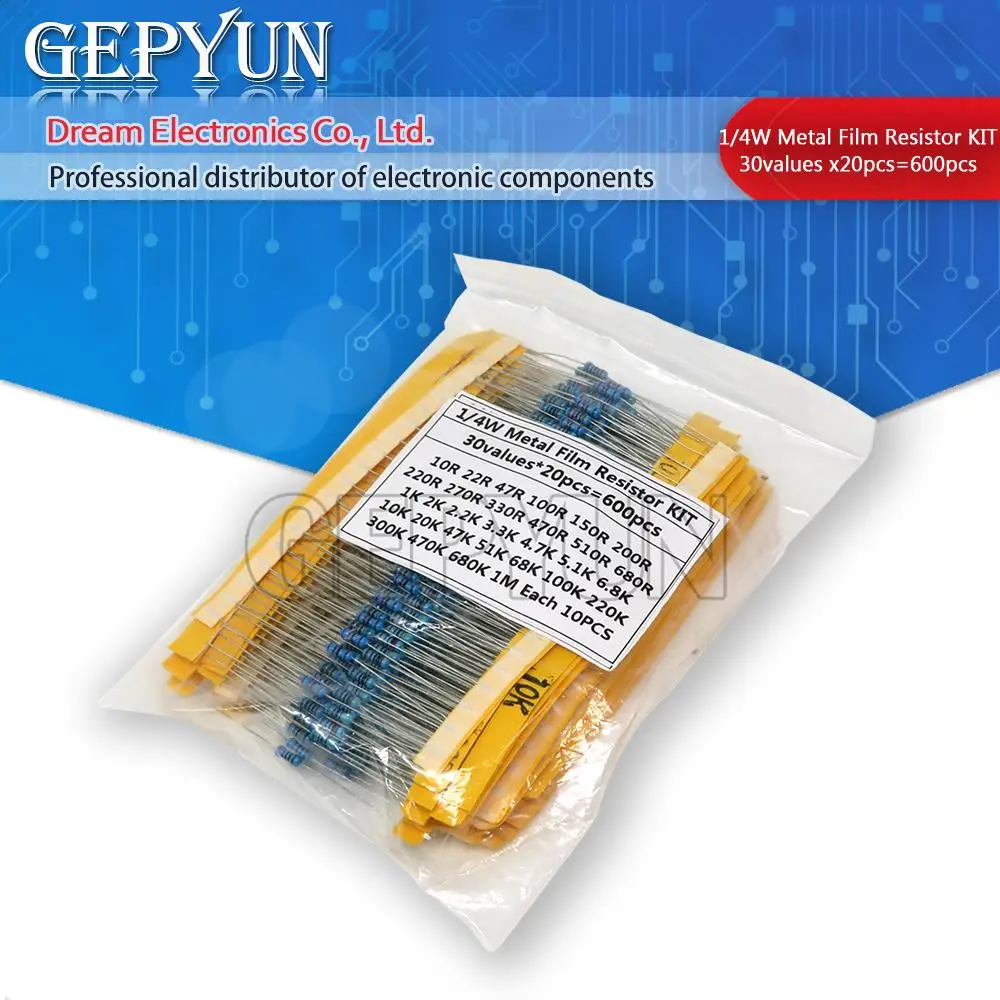 600pcs/set 30 Kinds 1/4W Resistance 1% Metal Film Resistor Pack Assorted Kit 1K 10K 100K 220ohm 1M Resistors 300pcs/set