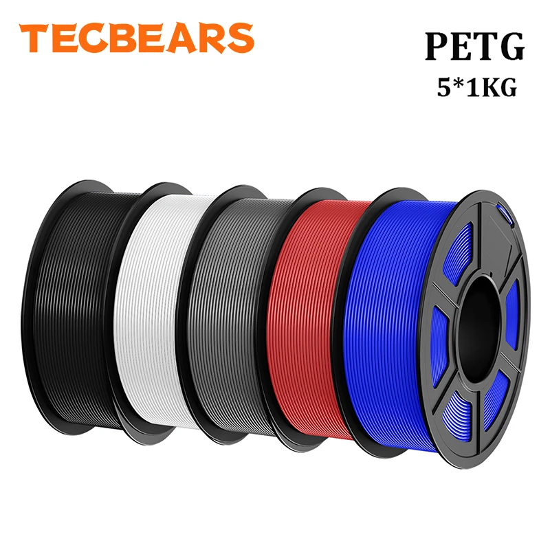 TECBEARS PETG 3D-Drucker Filament 1,75mm 5 Rollen 5KG Mehrfarbig PETG Vakuumverpackung 100% Blasenfrei für FDM DIY Geschenkmaterial