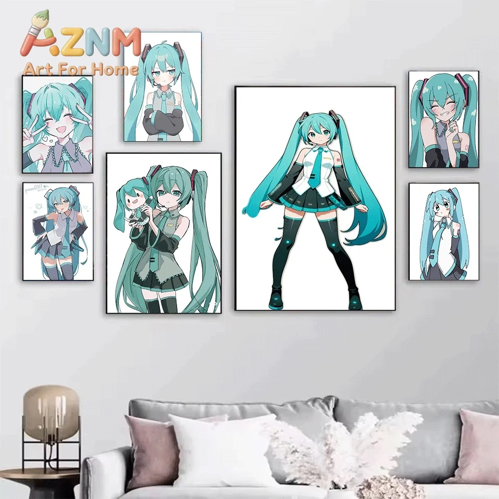 Hatsune Miku Cute Flat Cartoon Expressions Collage Canvas Painting Unframed Anime Vocaloid Wall Art Poster for Bedroom Home Wa