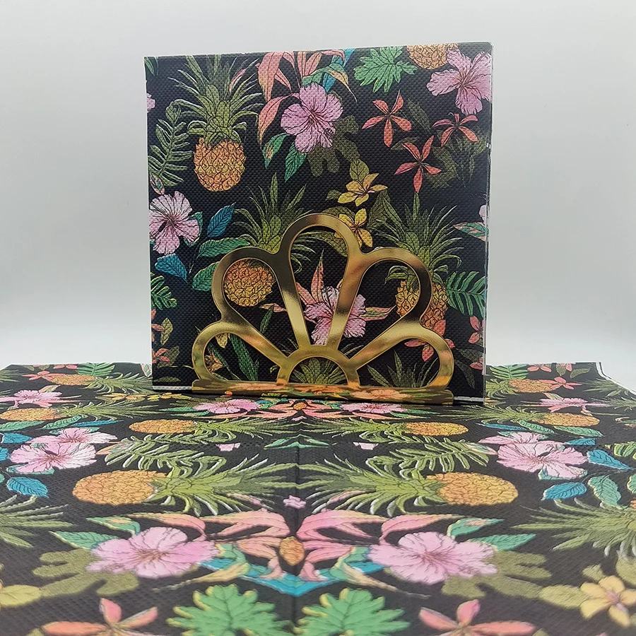 20 Stück tropische Ananas-Servietten, schwarzer Hintergrund mit bunten Blumen, 33 x 33 cm, Einweg-Partyzubehör für hawaiianisches Luau