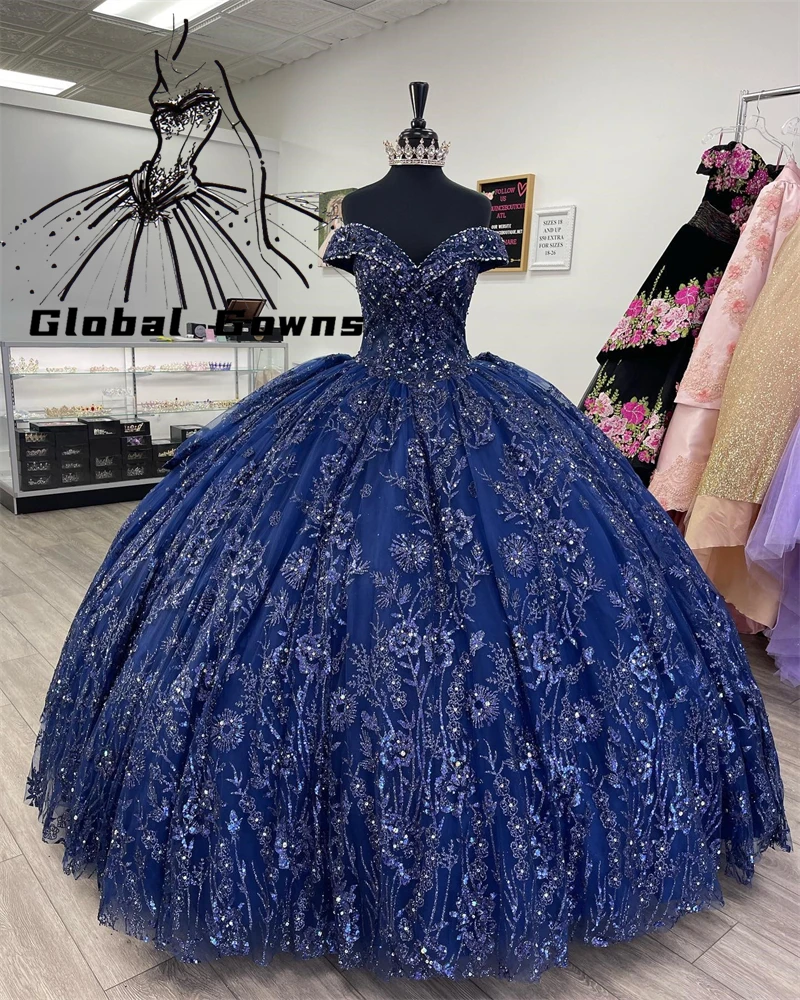 멕시코 다크 블루 오프숄더 성인식 드레스, 볼 가운, 구슬 아플리케, 2024 생일 럭셔리 원피스, 스위트 16 맞춤형