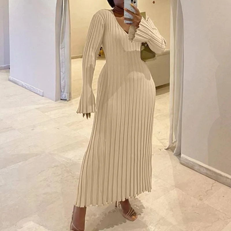 Gonna in maglia con scollo a V autunnale da donna Moda a costine a maniche lunghe a vita alta Abito a pieghe da donna Elegante maglieria Streetwear Abiti