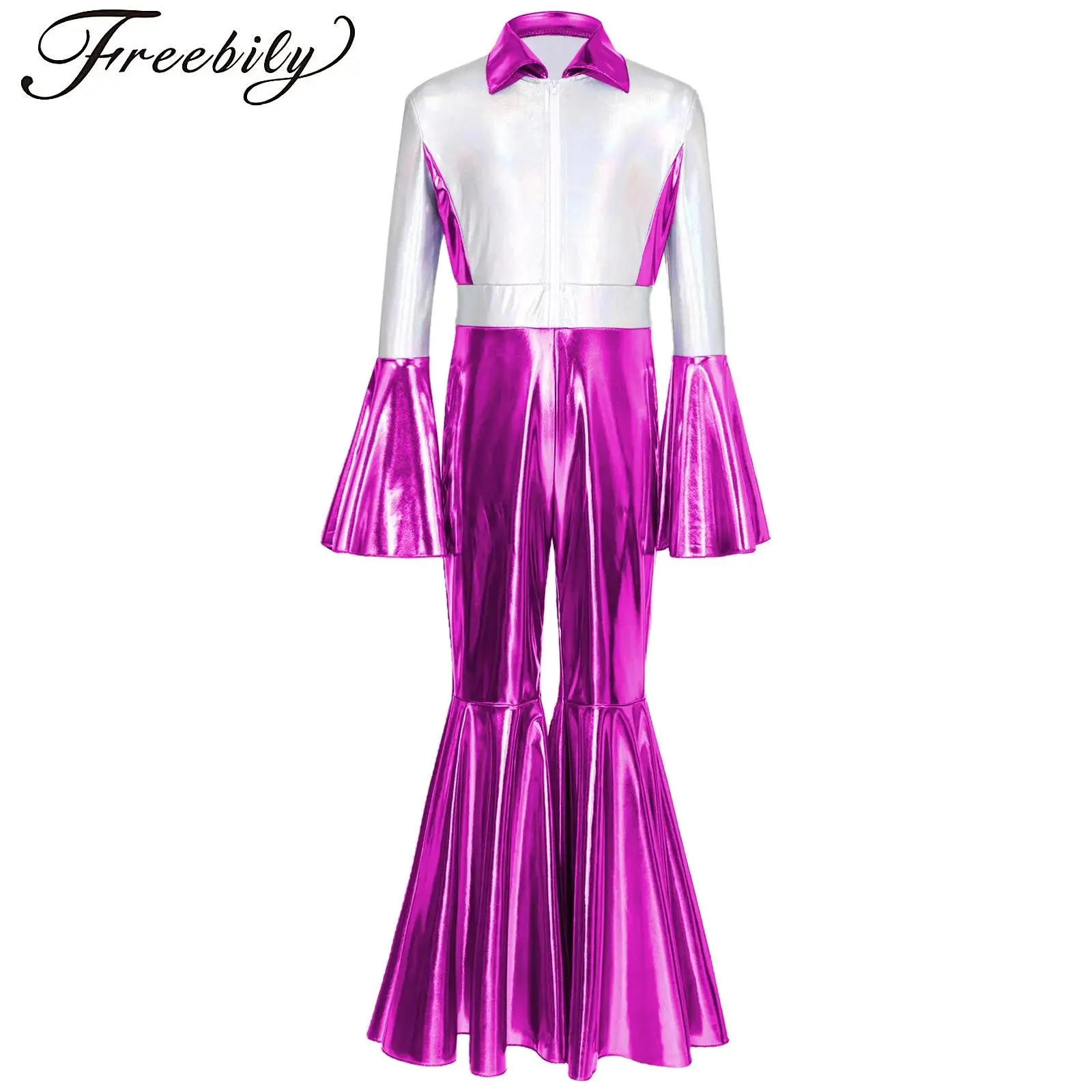

Girl 70s Disco Costume Metallic Shiny Dance Jumpsuit Zipper Flare Sleeve Bodysuit Jazz Dance Rompers for Rave Party Performance