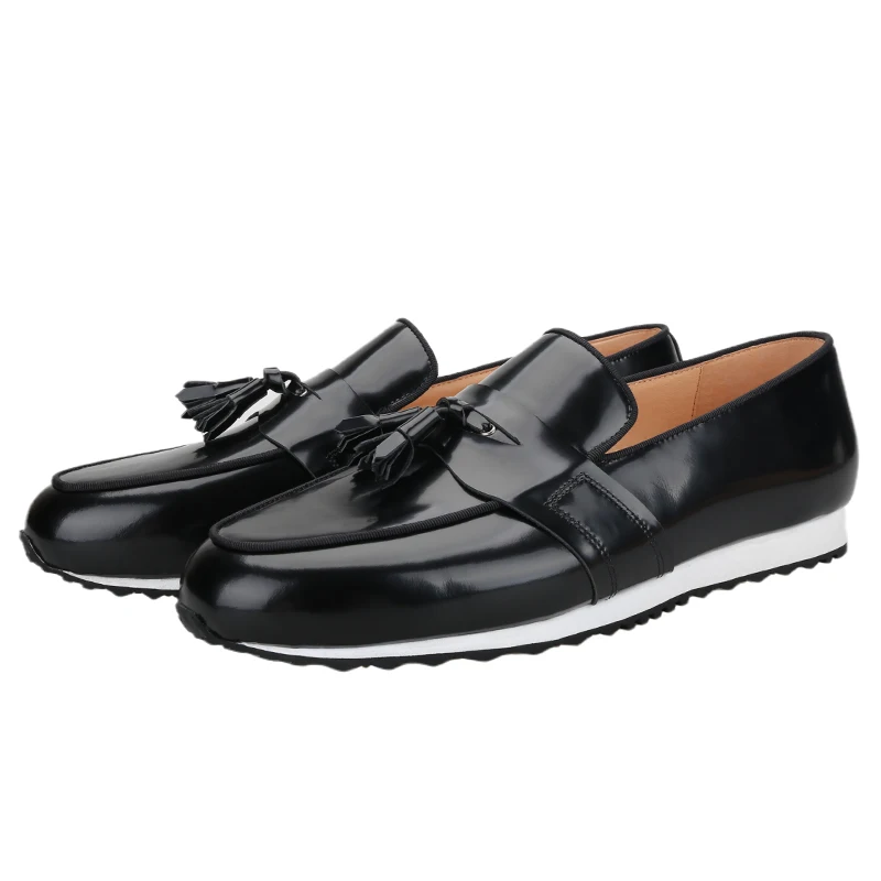 Piergitar Black Polished Leather Active Sneakers With Bands And Tassels Hand-Brushed Calfskin Belgian Style Men's Casual Shoes