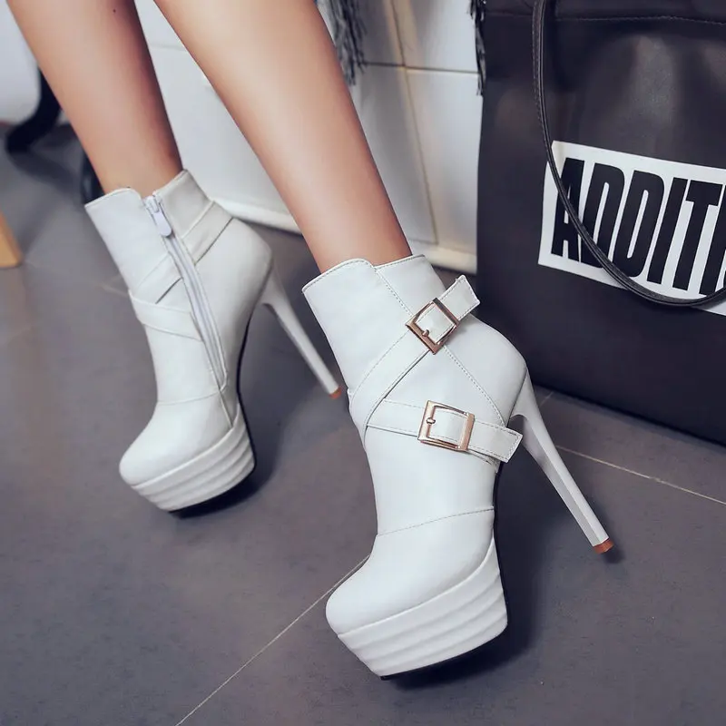 

Plus Size 33-44 Platform Spike Extreme High Heel Bootie Stiletto Winter Shoes Buckle Cross Strap Sexy Stripper Heels Ankle Boots