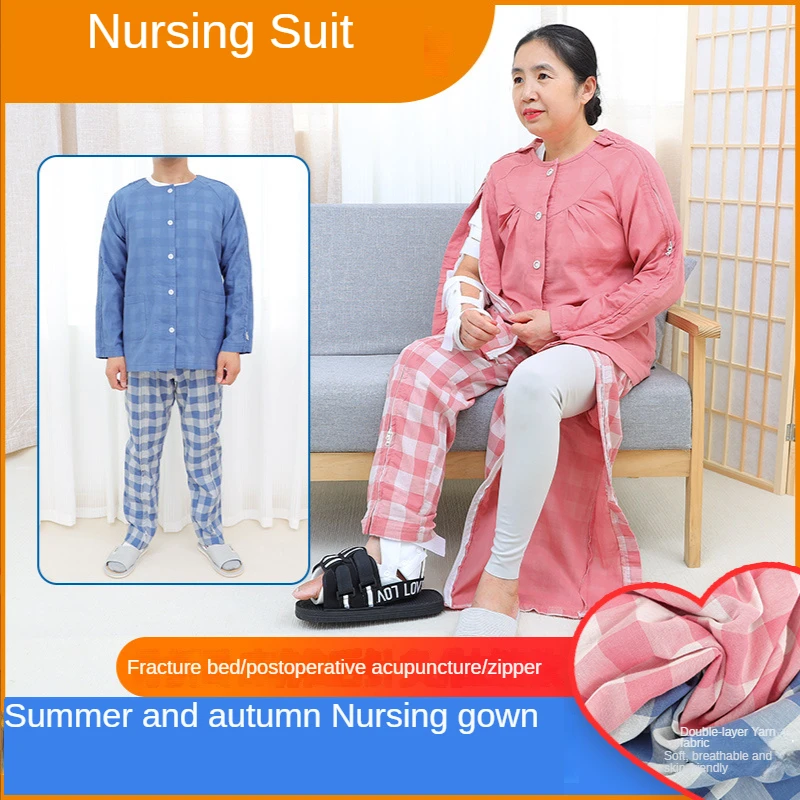 

Nursing Patient Suit Bedridden Paralyzed Elderly Fracture Surgery Pure Cotton Double Layer Yarn Zipper Type Easy on And Off