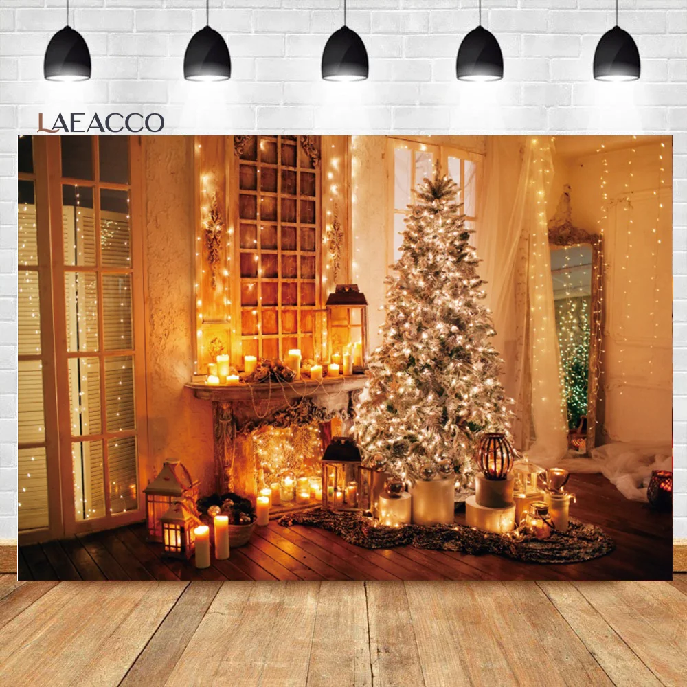 

Laeacco Christmas Backdrop Giltter Xmas Tree Fireplace Vintage Living Room Wood Floor Kid Adult Portrait Photography Background