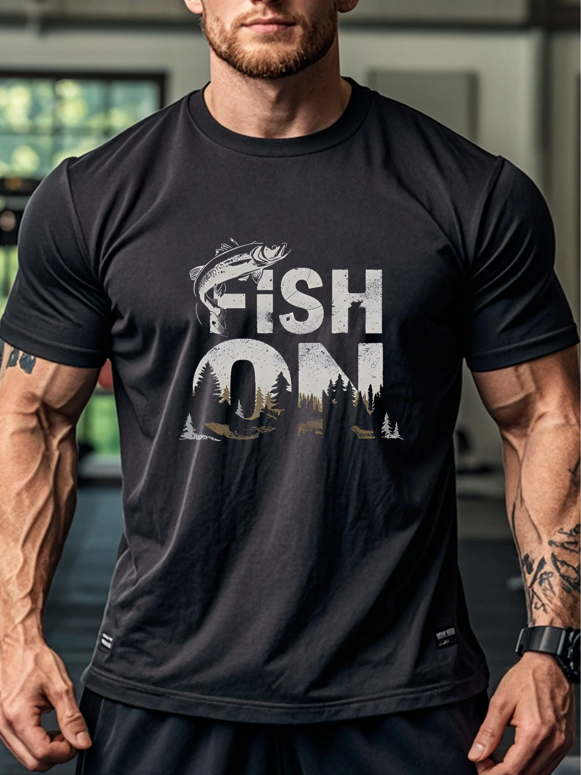 FISH ON Graphic Men's T Shirt  100 Cotton Casual Crew Neck Short Sleeve Black with Unique Fish Forest Design