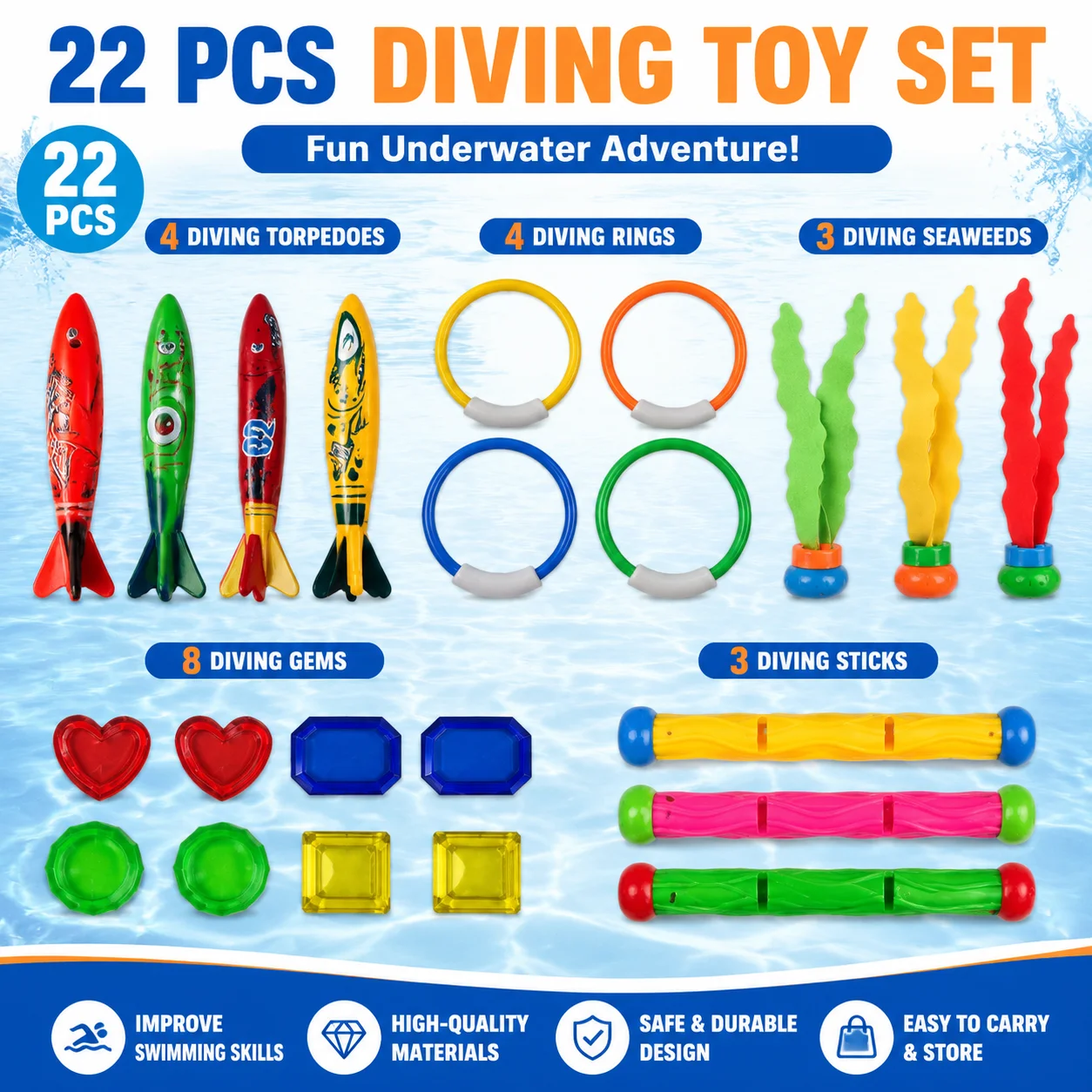 

22/set Diving Toys Breath Closure Training Water Underwater Toy Set Children's Swimming Pool Treasure Hunt Water Ring Diamond Kids Toys