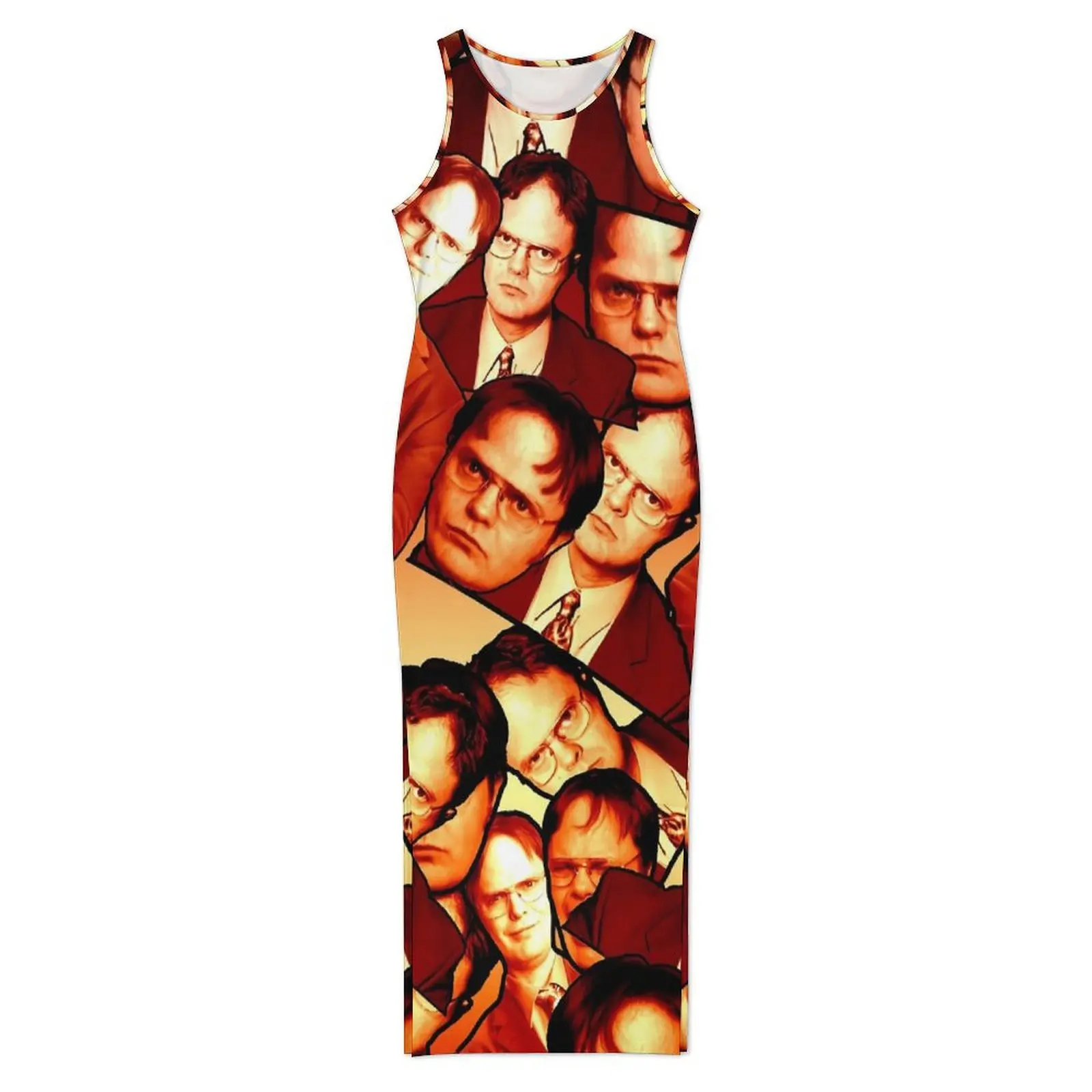 หญิงชุดเข้ารูปอินเทรนด์ Dwight Schrute พิมพ์ชุด Maxi ฤดูใบไม้ผลิสํานักงานแขนกุด Street สไตล์การออกแบบชุดขนาดใหญ่