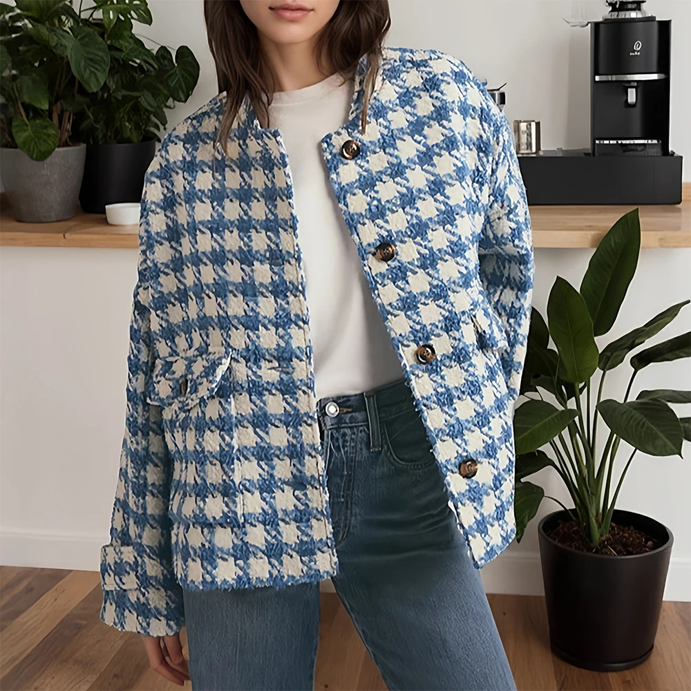 

Plaid Short Coat Women's Loose Casual Fashionable Jacket Autumn Winter New Arrival European American Style