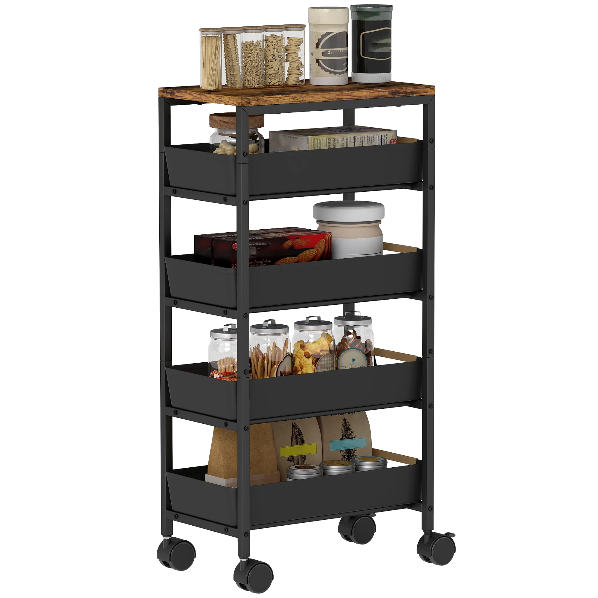 HOMCOM Carro de Cocina de 5 Niveles con Ruedas Tablero Efecto Madera 4 Cajones