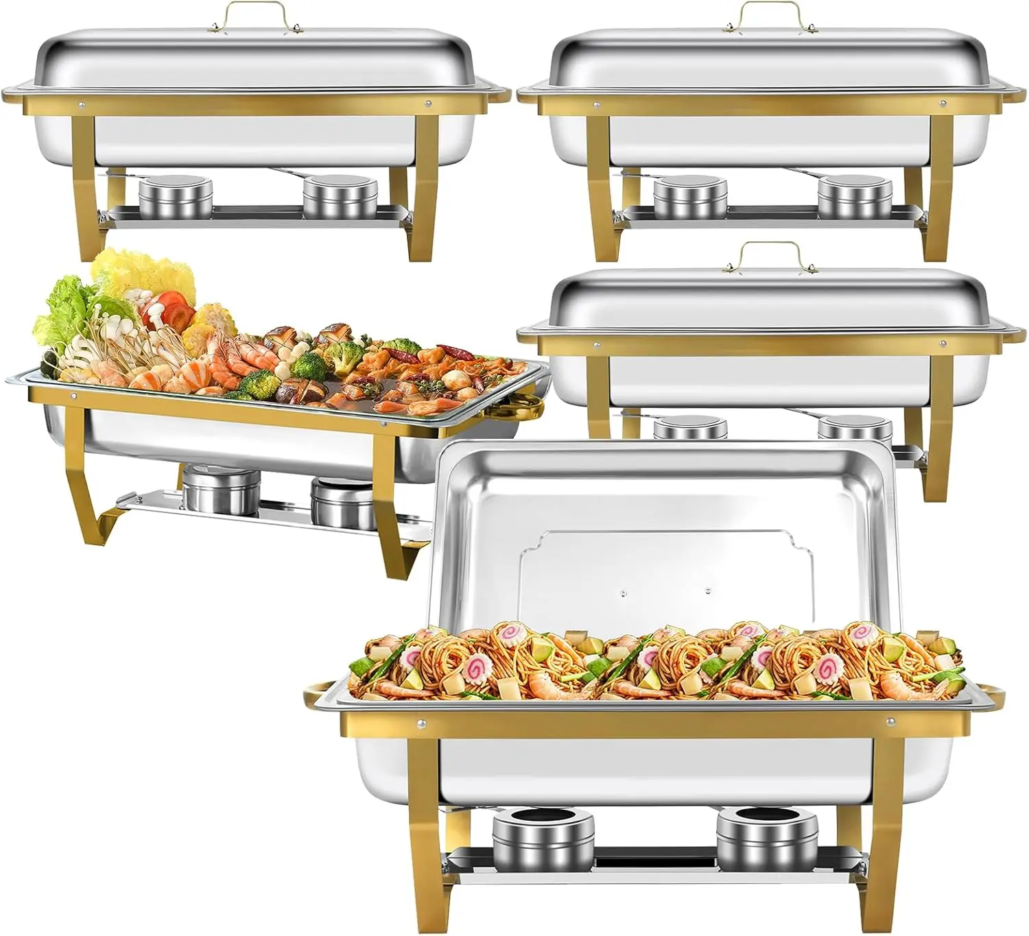 

5-Pack Golden Stainless Steel Chafing Dishes, 8QT Buffet Sets with Food Pan & Frame for Parties