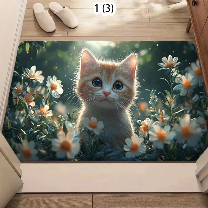 Niedliche Katzenmuster-Fußmatte mit Gänseblümchen, Weicher Rutschfester Teppich für Eingangsbereich und Schlafzimmer