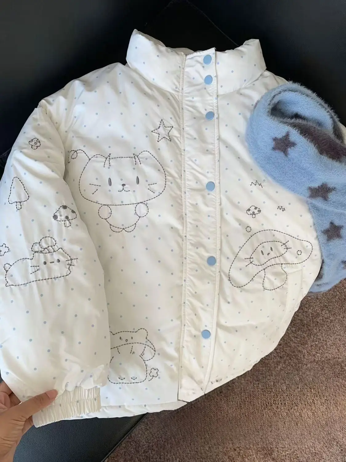 

Japan American Retro Ins Cat Mushroom Print Stand Collar Cotton Coat For Women Winter New Thickened Polka Dot Bread Coat