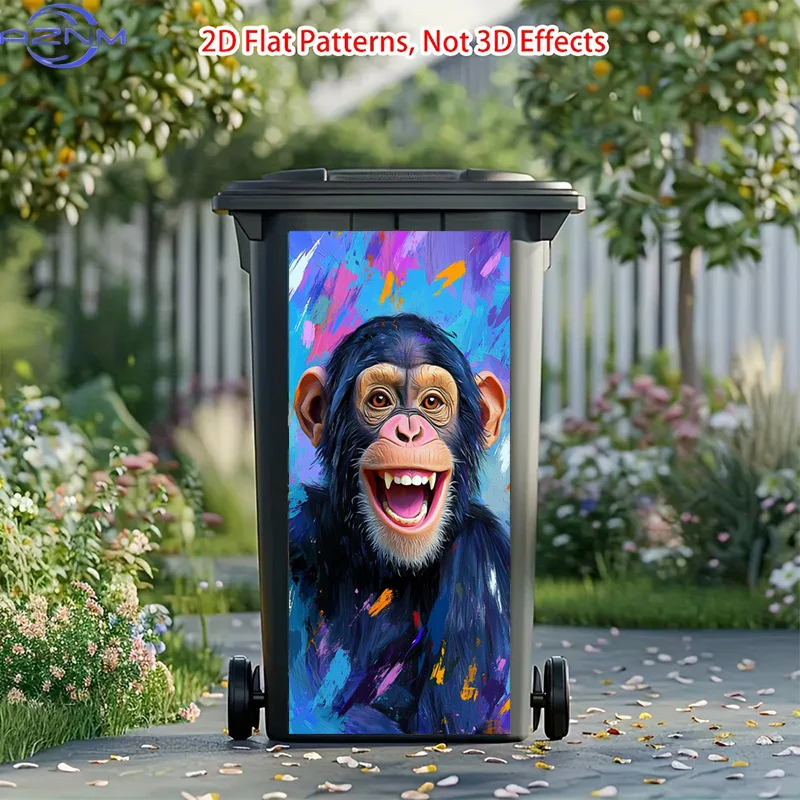 Vibrant Art Trash Can Sticker | Colorful Monkey Self-Adhesive Art Stickers, Playful Expression Stickers, Abstract Background T