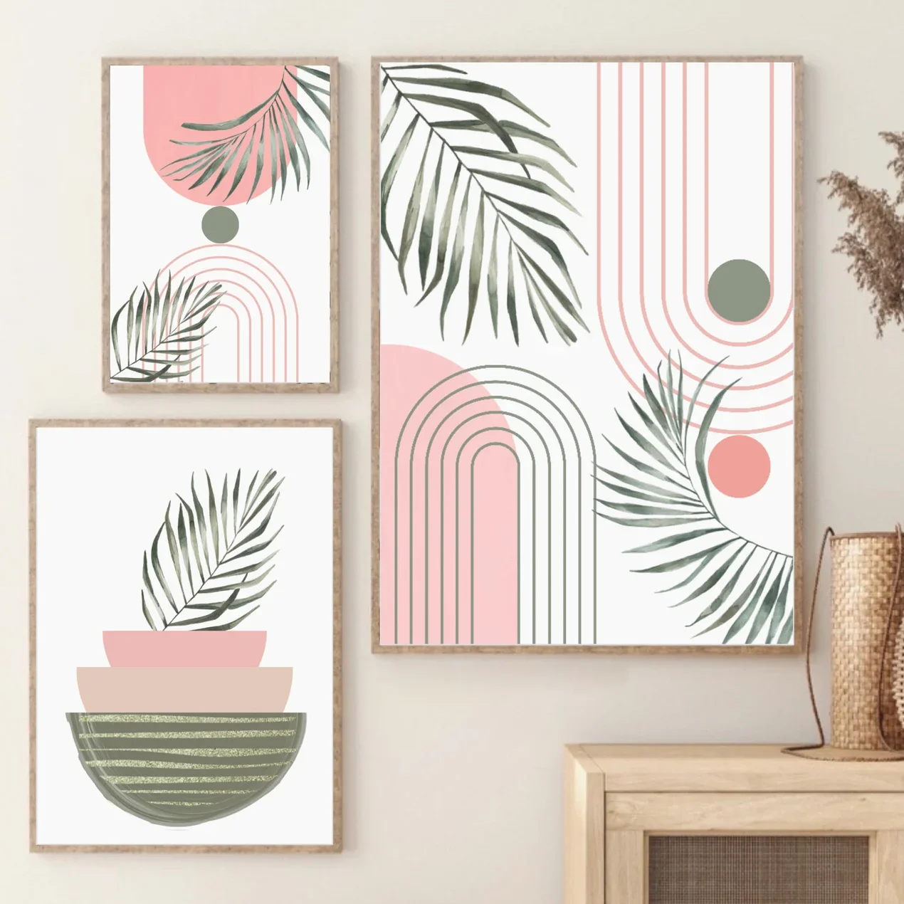 3PCS Boho Wall Art  Modern Nordic Pink Poster  Blush Pink Art Shapes Hallway Print  Wall Decor  Canvas Paintings for Room Decor