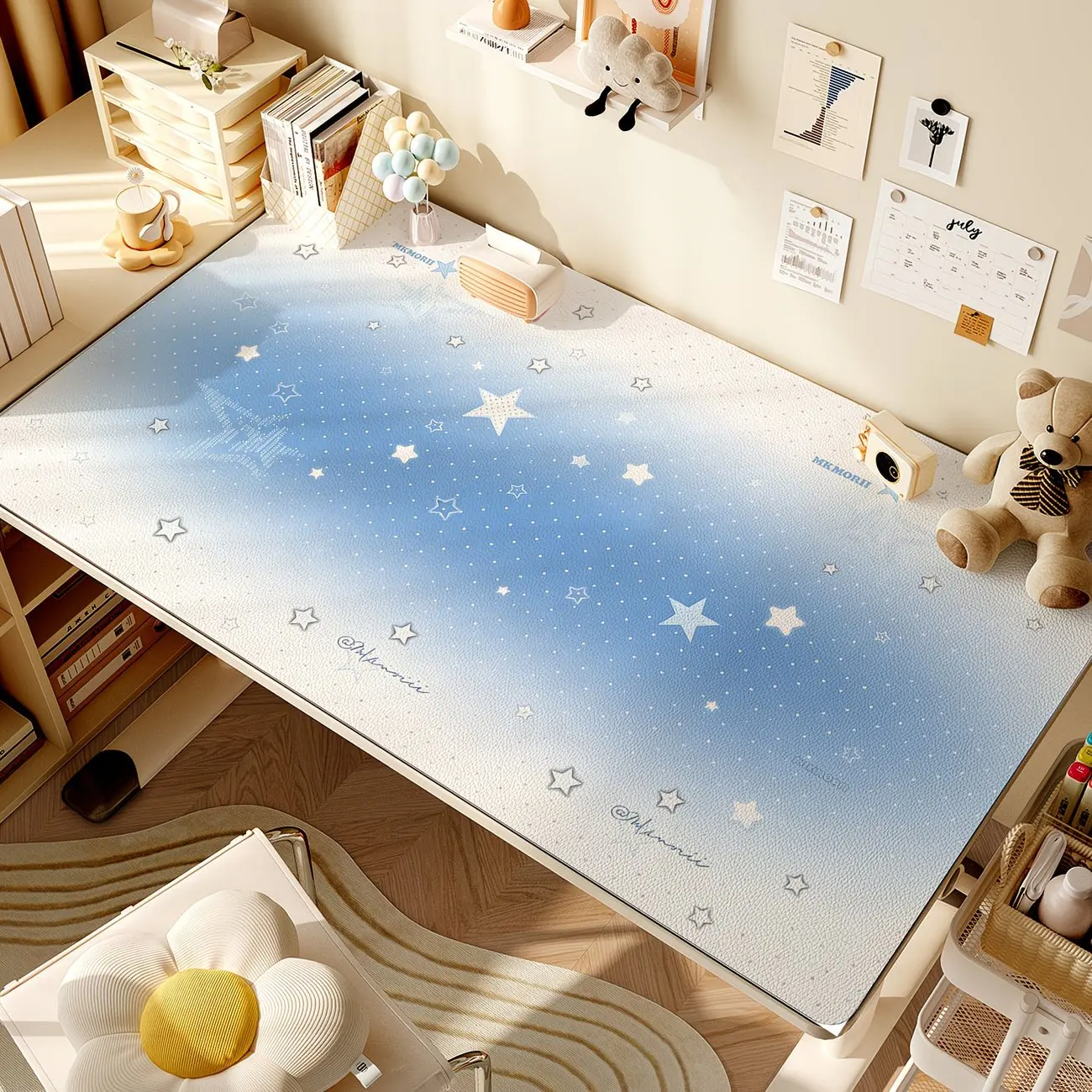 PU Leather Mouse Pad Trendy Ins Korean Blue Polka Dot Star Y2k Mouse Pad Office Desk Mat Waterproof Non-Slip PU Desk Blotter Pad