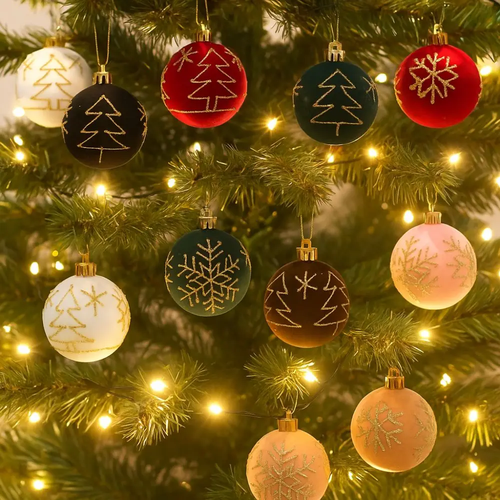 

6CM Christmas Ball Ornaments Velvet Shatterproof Flocking Painted Balls Glitter Luxury Christmas Tree Decoration Christmas Tree