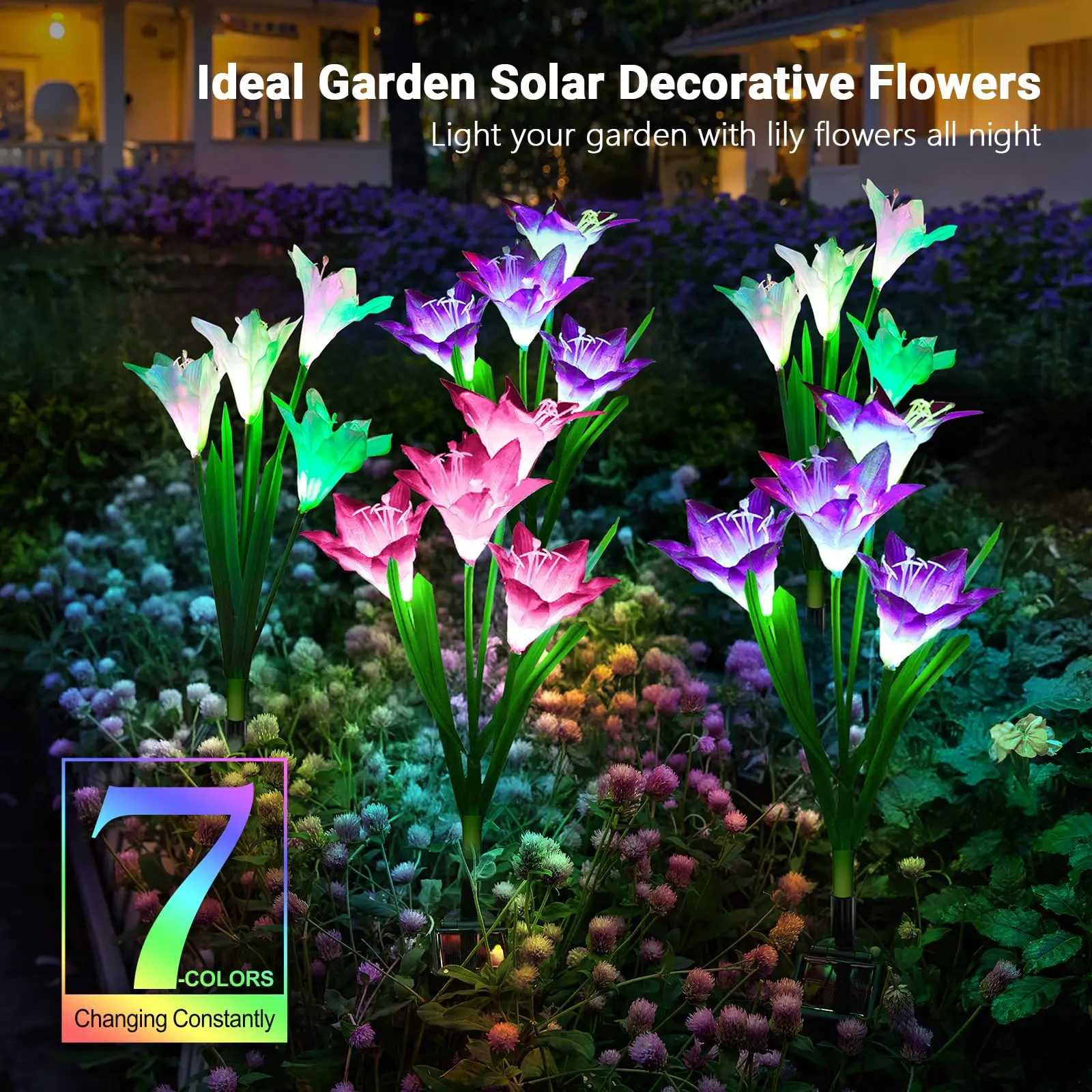 Lily Flowers Solar Light LED Solar Pathway Light Fence Lights Outdoor Waterproof Color Changing Solar Lamp for Yard Garden Pati