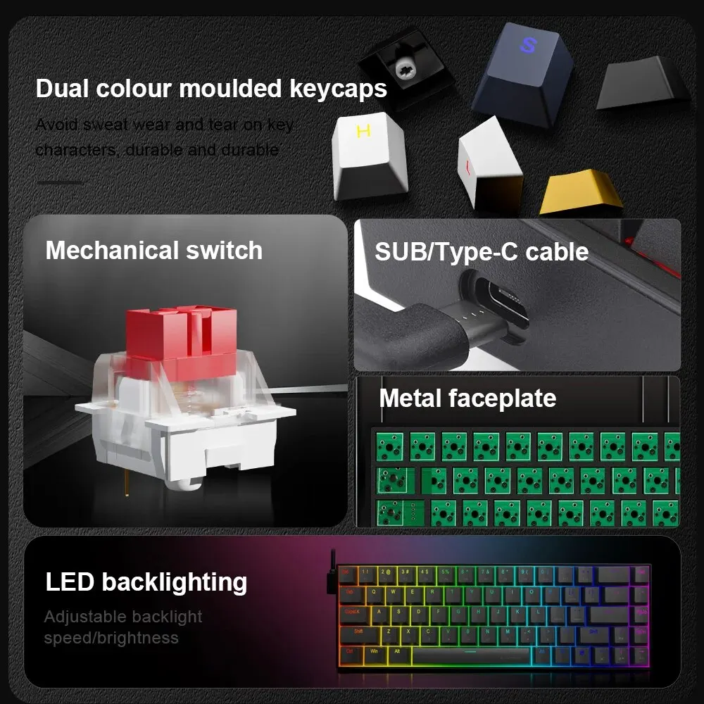 E-YOOSO Z686 RGB USB 60% Mini ince mekanik oyun kablolu klavye kırmızı anahtarı için 68 tuşları rus brezilyalı portekizce bilgi