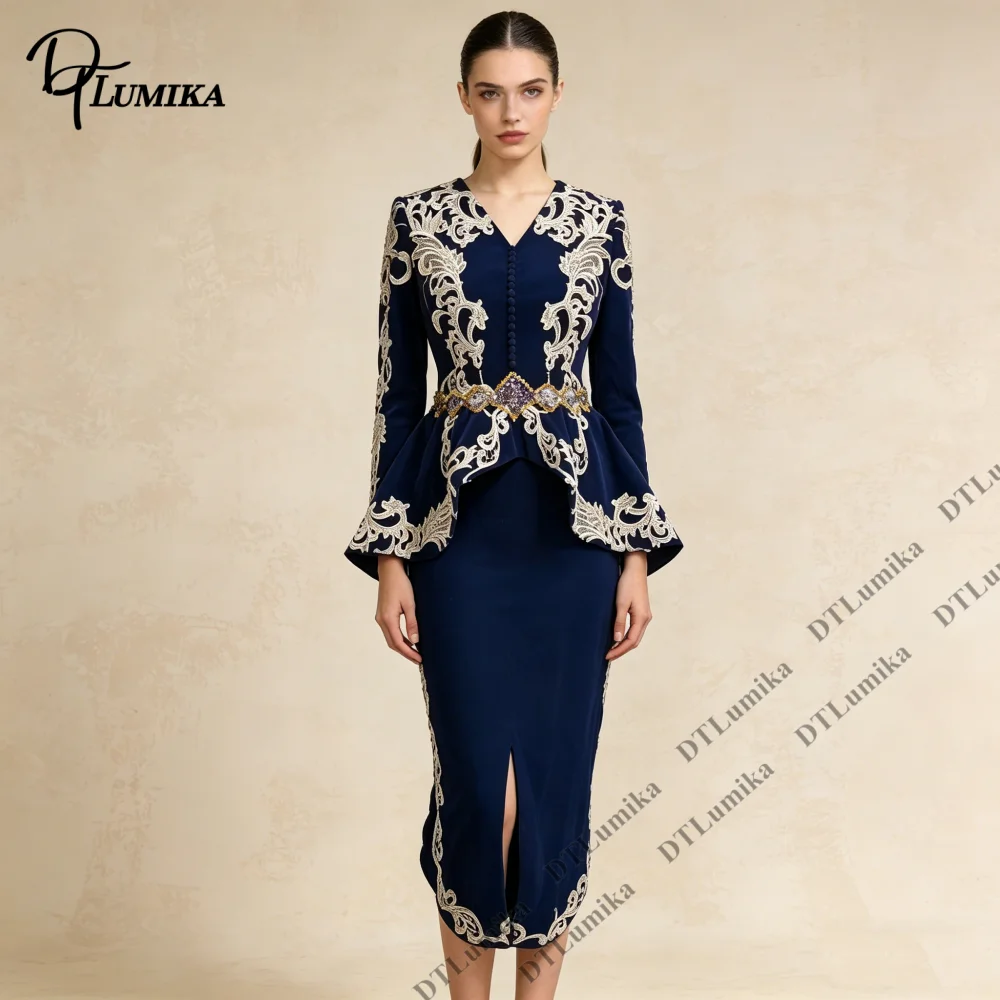 DTLumika Velvet Mid-Calf Formal Evening Dress Full Sleeves Elegant V Neck Customized Arabia Prom Dresses Wedding Party Gown