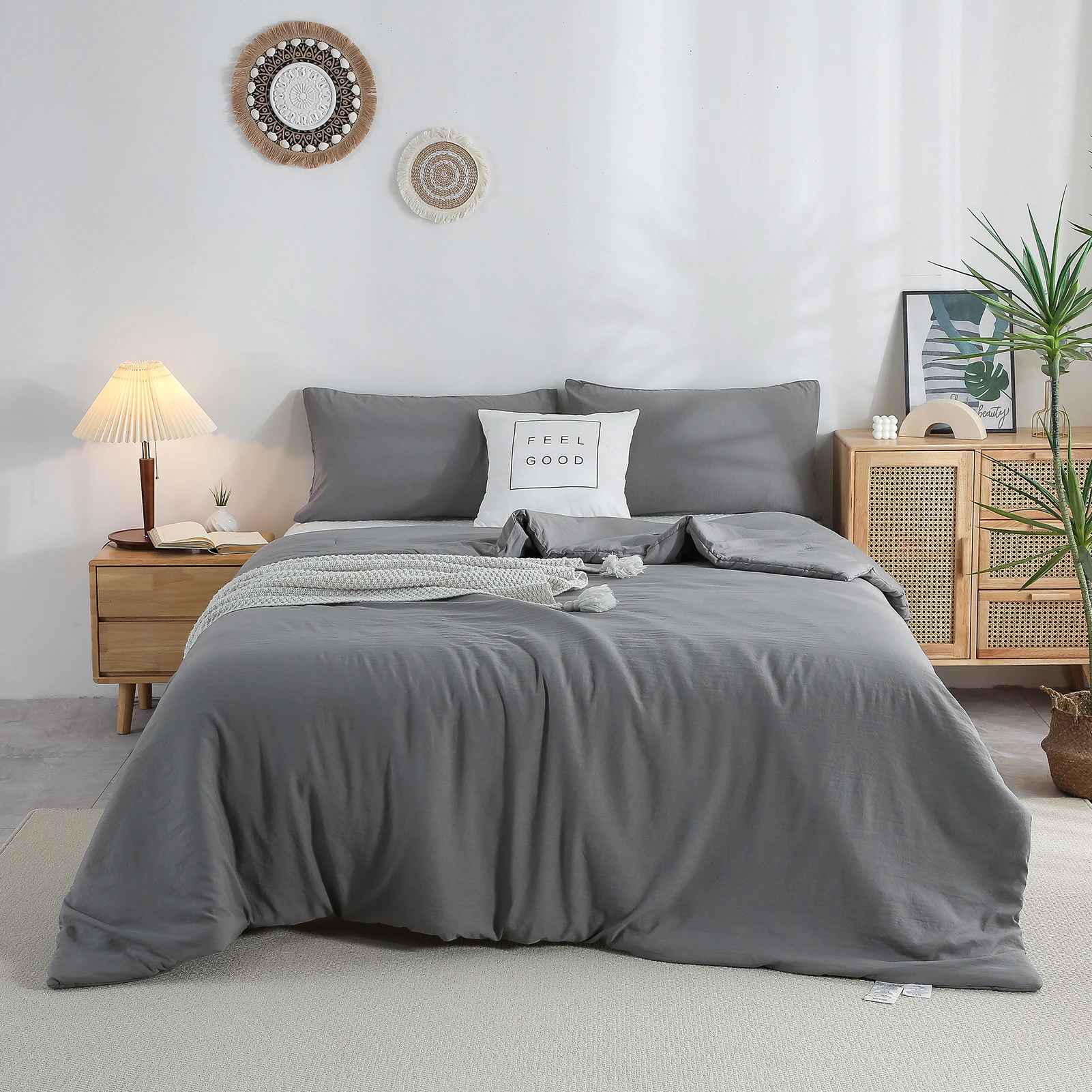 

Dark Grey Twin Bed Complete Bedding Set All Seasons Soft Washed Cotton Bedding Set for Adult & 2 Pillow Sham