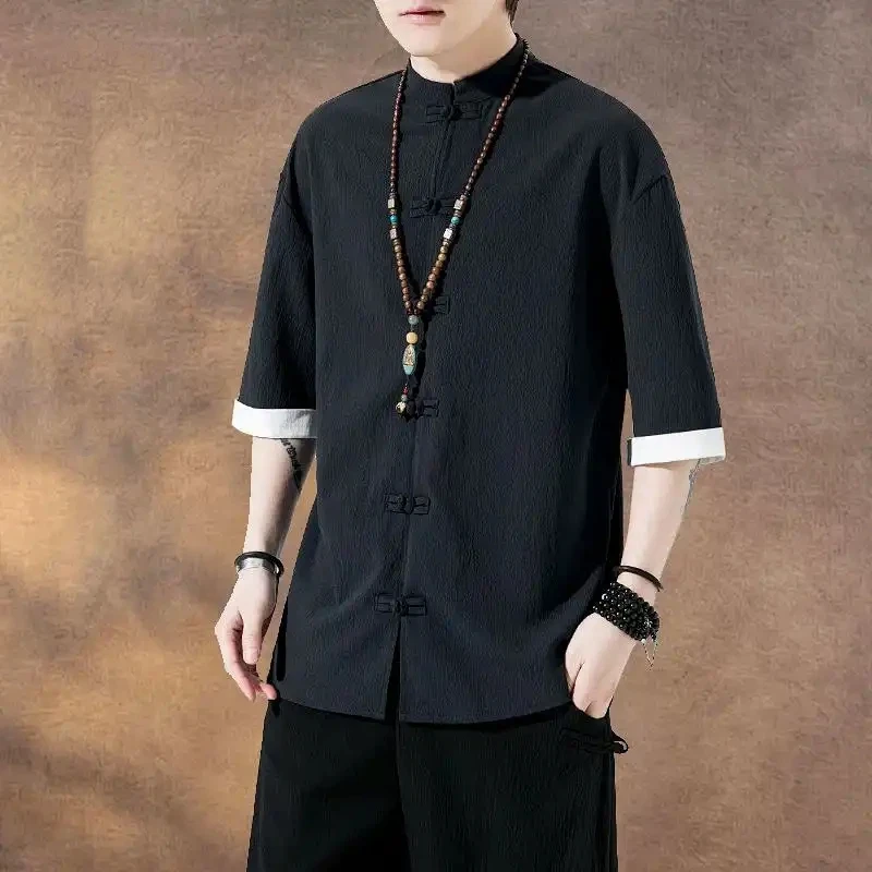 Chinese Style Ice Silk Tang Suit Men Frog Button Short Sleeve Casual Shirt