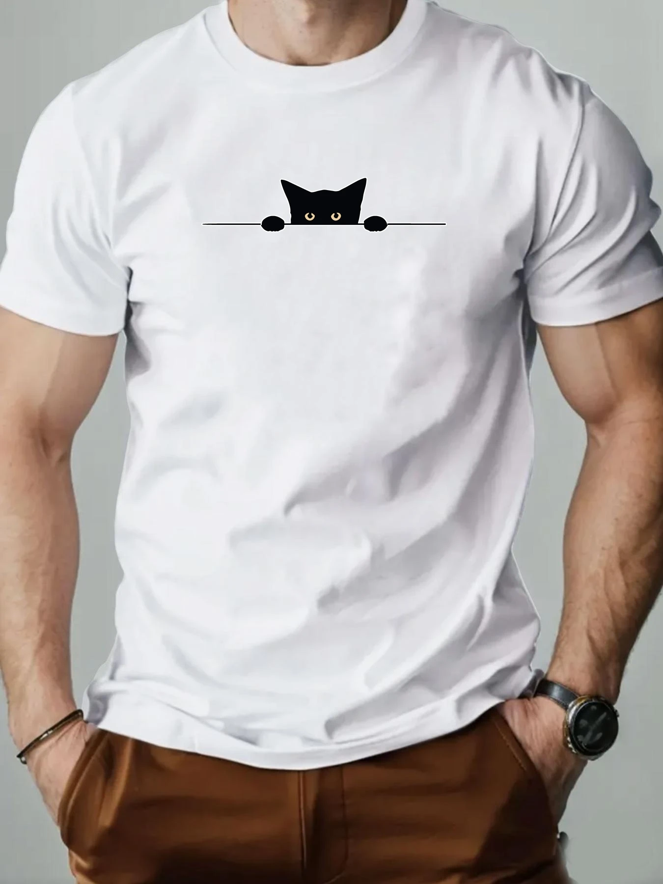 S-5XL Cat Men 100% Cotton Shy Kitten Cartoon Pattern Print Summer Round Neck Breathable Casual Short Sleeve Fashion T-Shirt