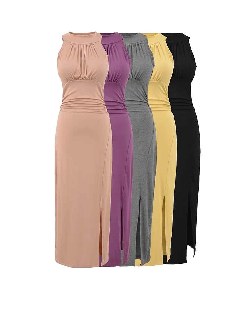 Damen-Midikleid mit O-Ausschnitt, ärmellos, geteilt, 5-farbig, elastisch, schmal, gerüscht