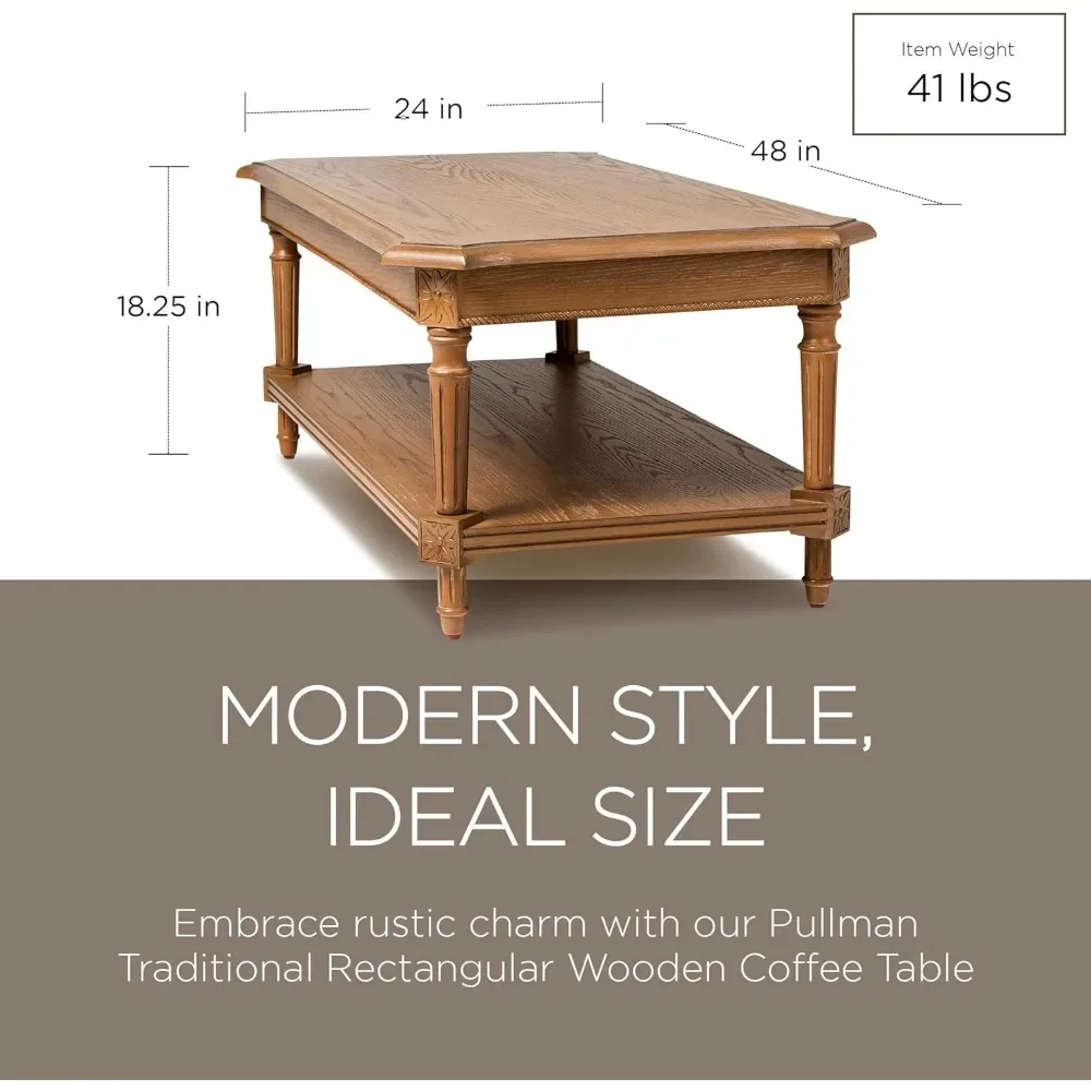 Large 2 Tier Traditional Rectangular Wooden Center Coffee Table with Shelf Storage in Rustic Antiqued Finish