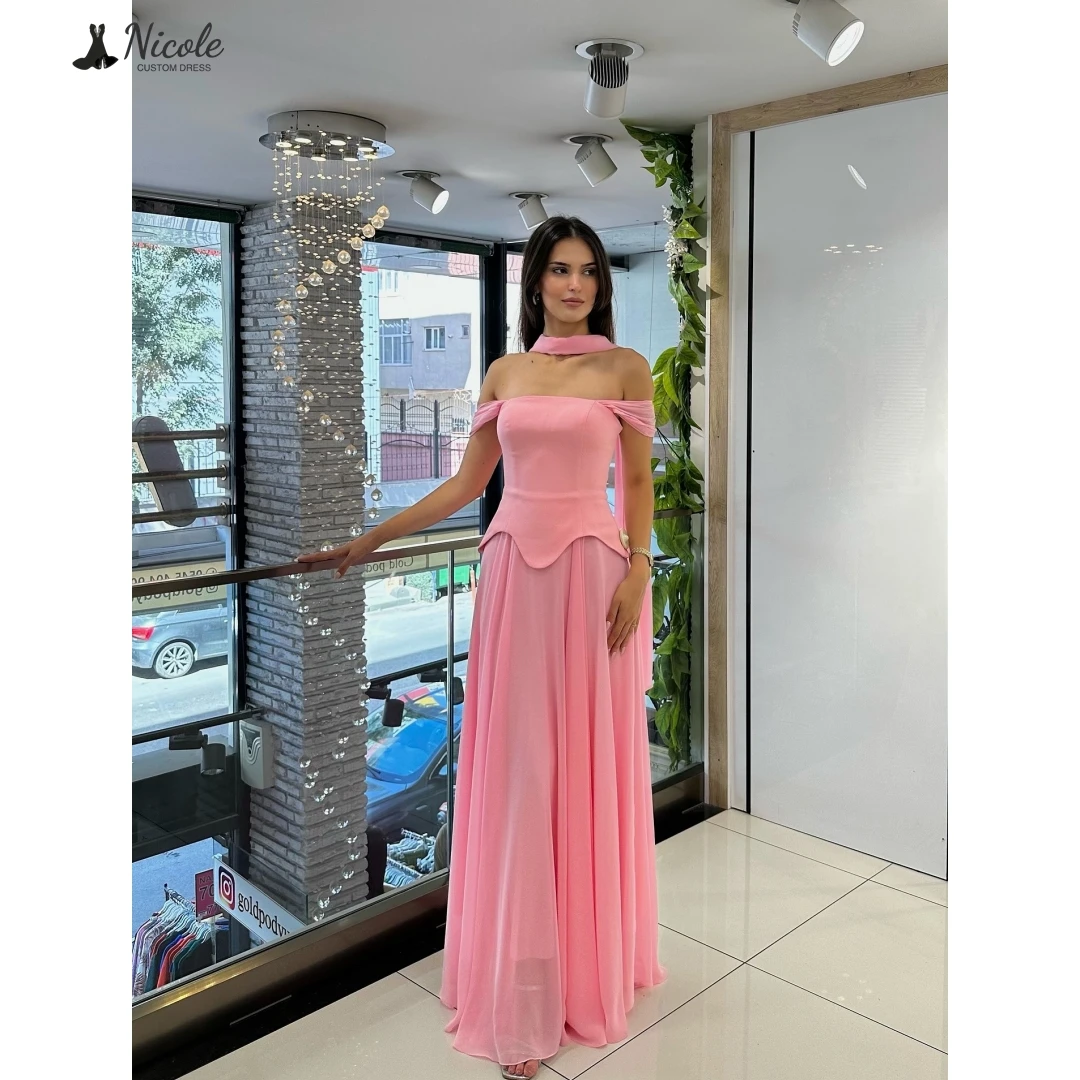 

Nicole Elegant Gown Line A Evening Dresses for Women Wedding Party Dress Ribbon Custom Made Chiffon Robe De Cocktail Femme Prom