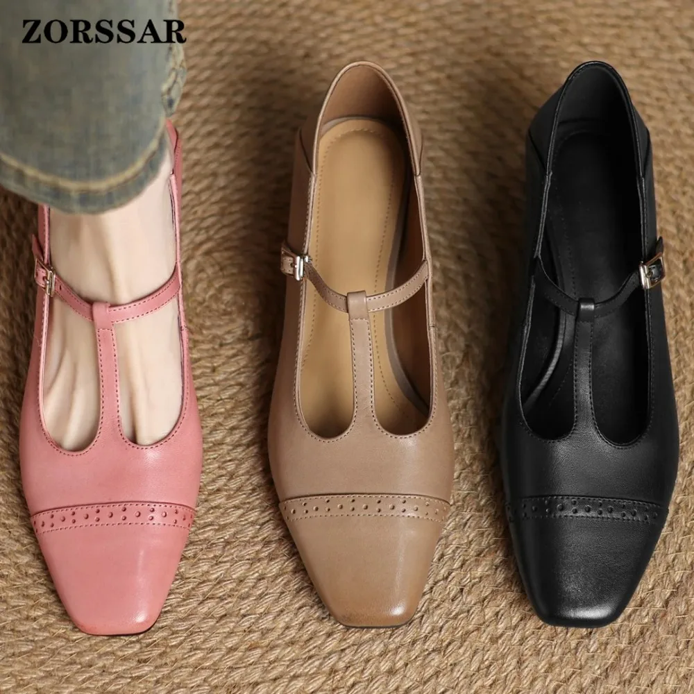 

Plus Size 34-41 Women's Cow Leather Carving British Style T-strap Slip-on Pumps 4cm Thick Med Heel Elegant Ladies Dress Shoes