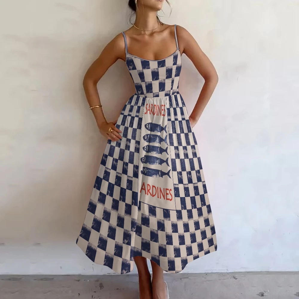 Blue Block Sardine Stripe Print Party Costumes Women'S Casual Longdresse  One-Piece  Birthday Holiday Clothing Summer Longuette