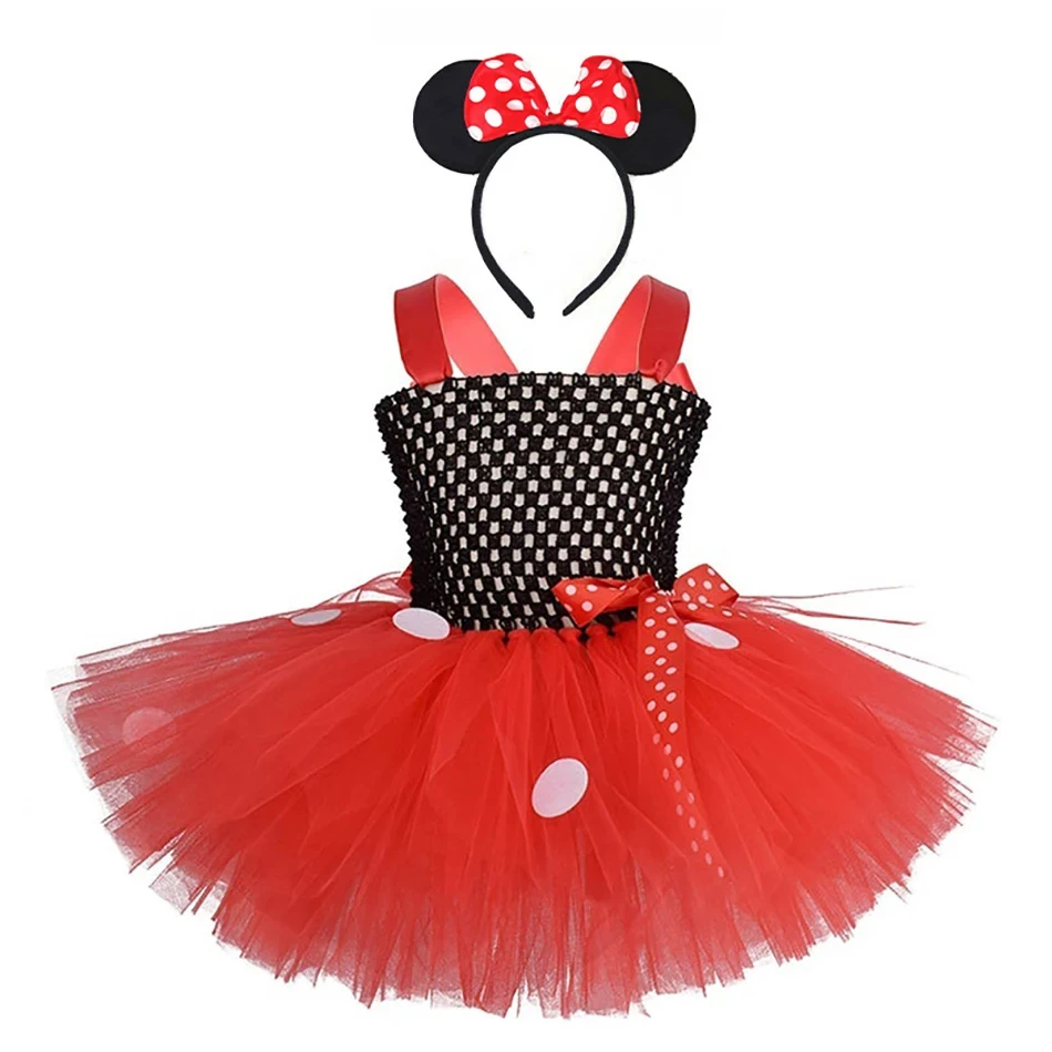 

Милое розовое платье-пачка с героями мультфильмов для девочек, вязаное крючком фатиновое платье-пачка с Микки и Минни в горошек, бантом и повязкой на голову, детское платье для дня рождения