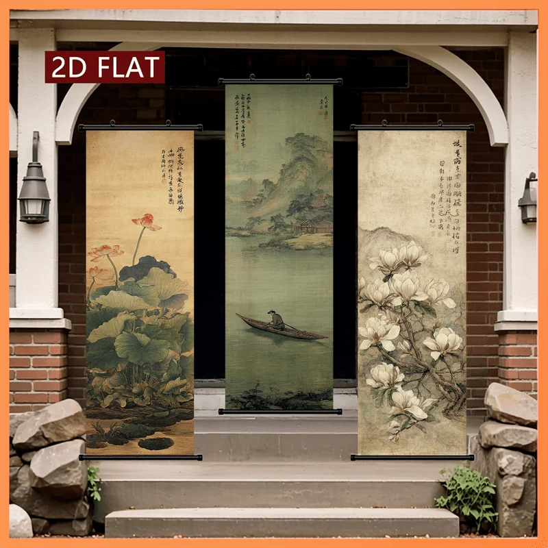 Vintage Chinese Scroll Tapestry Lotus Magnolia Landscape Painting Fabric Poster Decoration Living Room Home Room Decoration