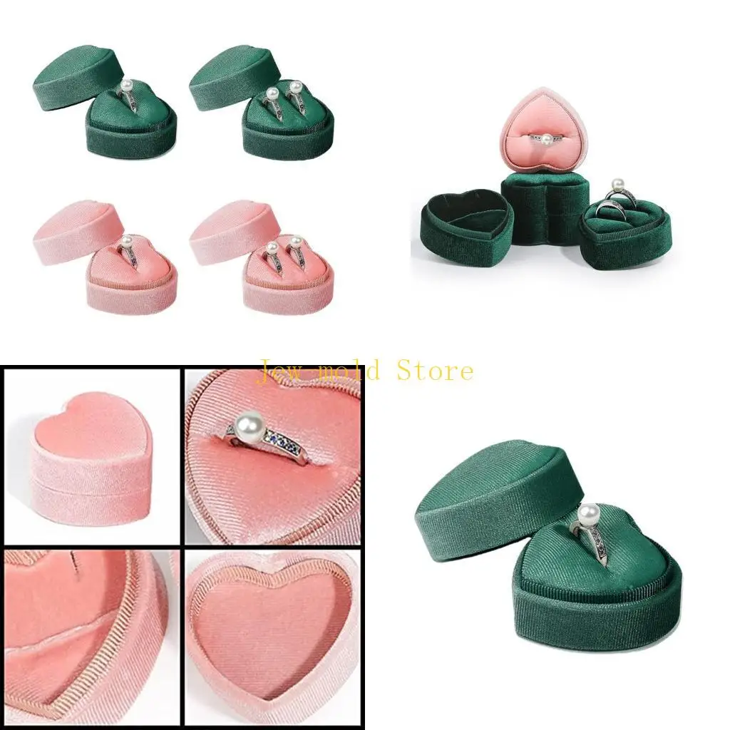 

C71B Proposal Engagement Ring Box Heart Single Double Ring Box Flannelette Cases for Anniversay Valentines Day Wedding