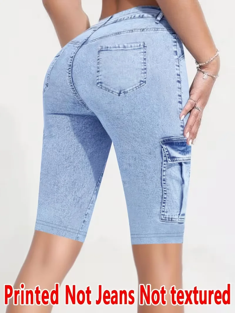 Printed Leggings, Non‑Denim Fabric, Faux‑Pocket & Button‑Print Capri Pants, High‑Stretch New‑Arrival Fashion Skinny Pants