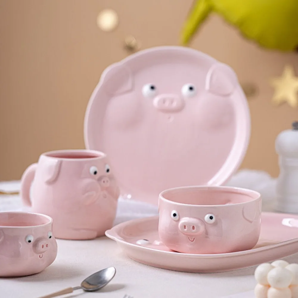 

Cartoon Piggy Tableware Set, Cute Underglaze Dessert Plate, Mug, Coffee Cup, Household High-value Ceramic Rice Bowl Plate