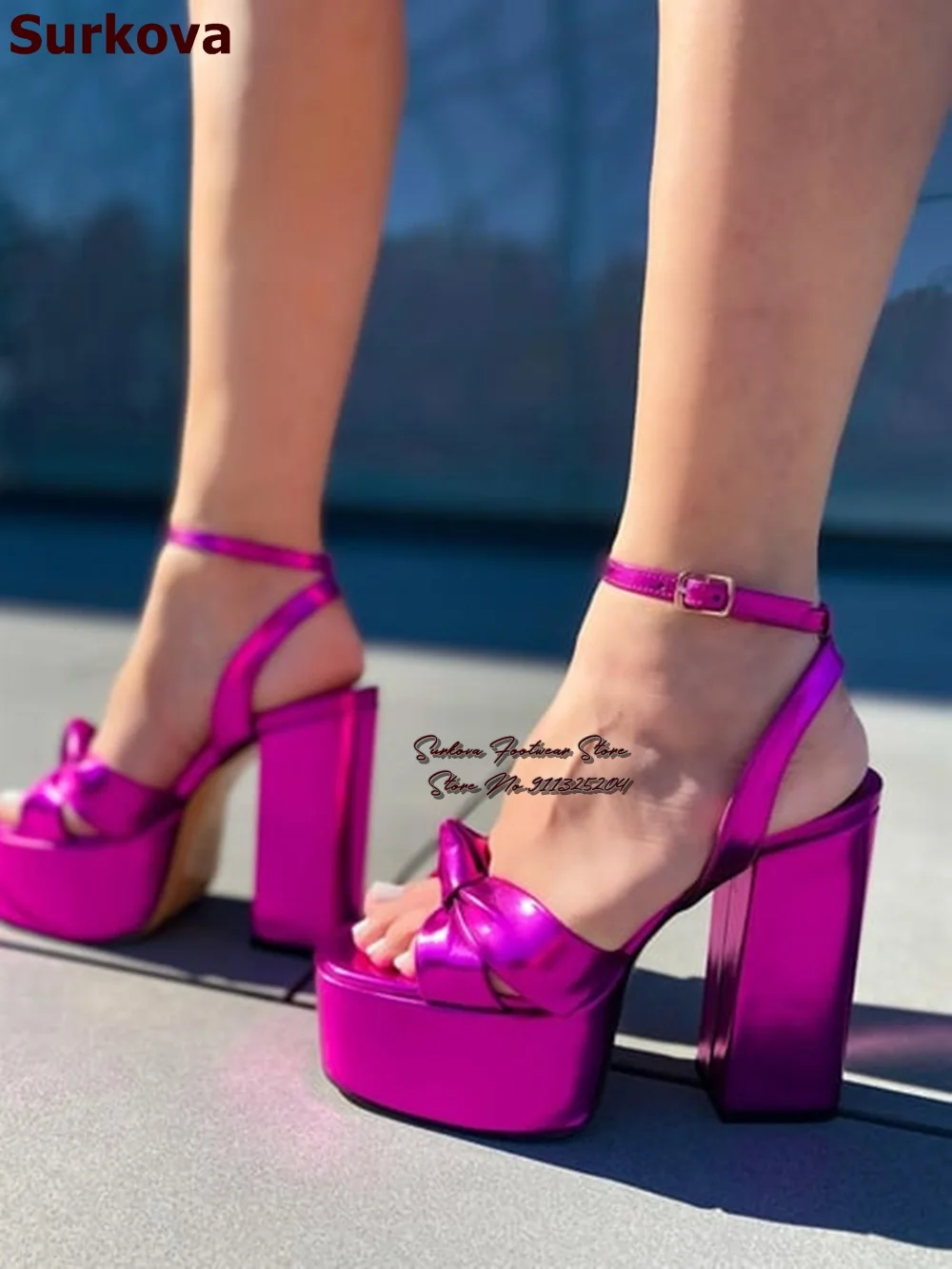 Surkova Metallic Magenta Square Heel Sandals High Platform Butterfly-knot Ankle Strap Dress Shoes Gold Silver Fluorescent Pumps