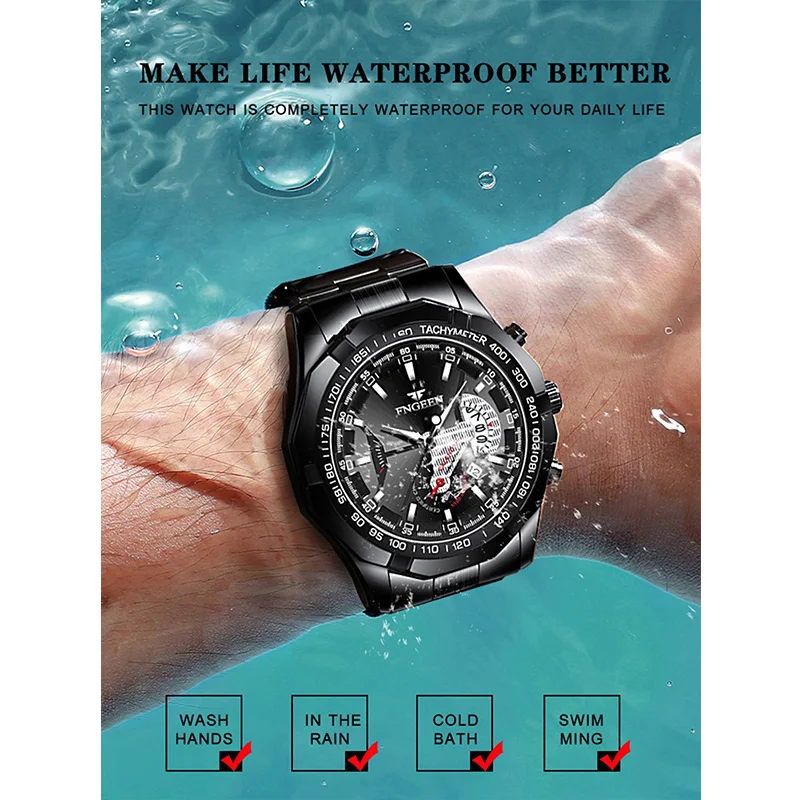 FNGEEN Luxury Men\'s Watches Stainless Steel Band Fashion Waterproof Quartz Watch For Man Calendar Male Clock Reloj Hombre S001