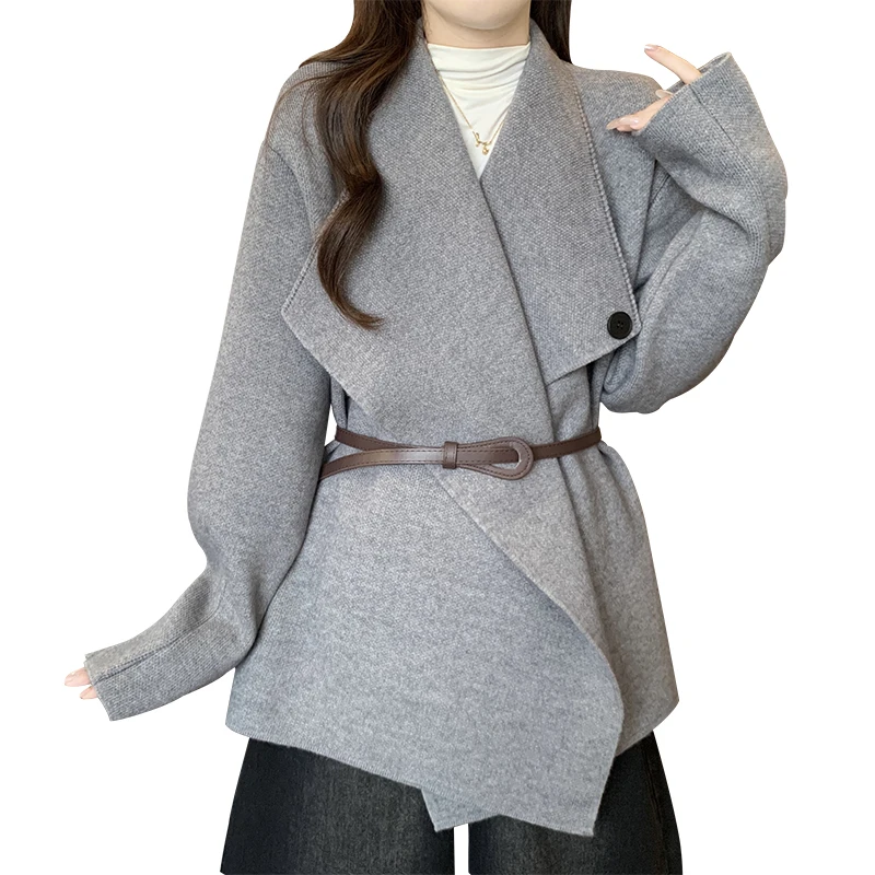 

Korean Fashion Knitted Coats Women's Sashes Coat Office Lady Elegant Autumn Winter Overcoat 2025 New Cardigan Jacket Coat